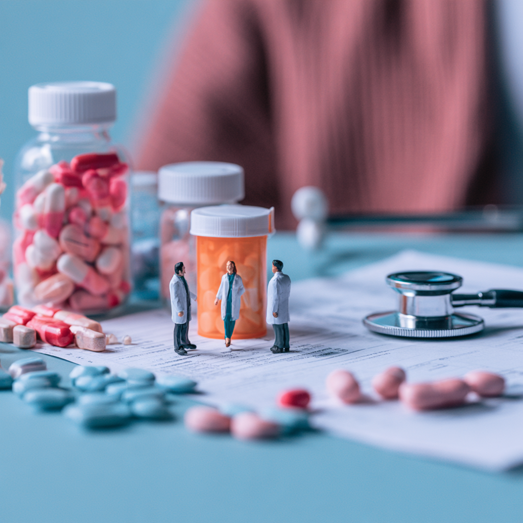 Prescription medications, medical providers, and a stethoscope representing Health Net benefits for addiction treatment available at Safe Harbor Treatment Center.