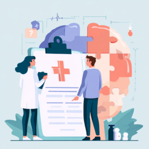 Illustration of a healthcare professional and patient reviewing a medical document beside a brain made of puzzle pieces, representing Aetna insurance coverage for dual diagnosis treatment, with mental health and addiction treatment services available at Safe Harbor Treatment Center.