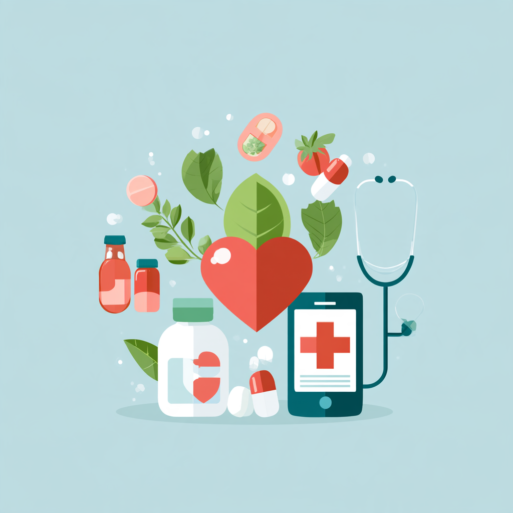 Illustration of medication bottles, pills, a stethoscope, a medical cross, and a heart surrounded by leaves, representing HMC HealthWorks insurance coverage for medical detox and addiction treatment services available at Safe Harbor Treatment Center.