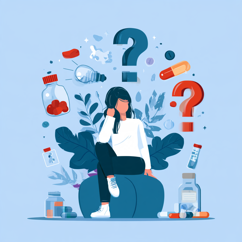 Illustration of a woman sitting thoughtfully surrounded by question marks, medication bottles, and pills, representing the search for dual diagnosis treatment near Mission Viejo for mental health and substance use disorders, with services available at Safe Harbor Treatment Center.