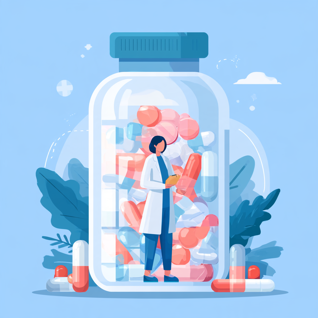 Illustration of a healthcare professional standing in front of a large medication bottle filled with colorful pills and capsules, representing medical detox near Mission Viejo and addiction treatment services available at Safe Harbor Treatment Center.